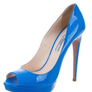 Prada Blue Patent Peep-Toe Stiletto Pumps